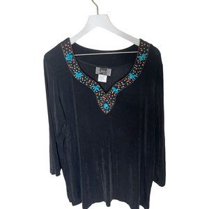 Slinky Brand Black  Embellished Ribbed Knit Top